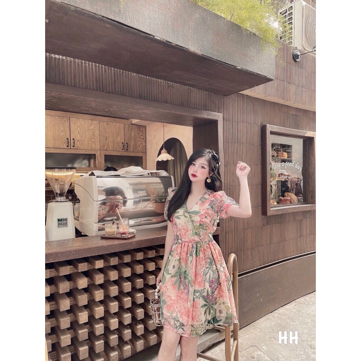 V103 Váy nữ, đầm hoa nữ vải voan 2 lớp thiết kết cổ V xòe bồng 7.beautiful