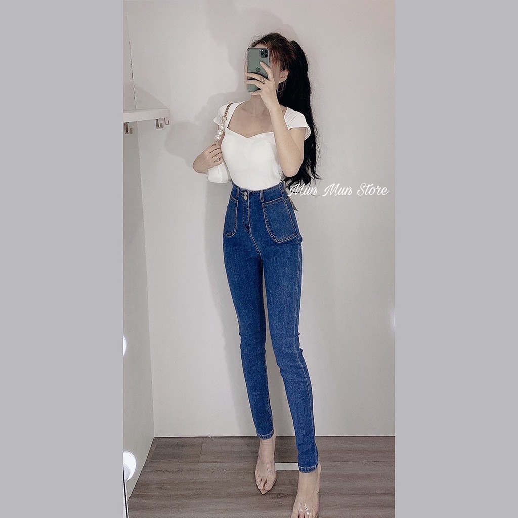 Quần jean nữ Lưng cao [𝐅𝐫𝐞𝐞 𝐒𝐡𝐢𝐩] munmunstore dáng ôm túi vuông sang trọng - tôn dáng - chất mềm mại co giãn thoải mái