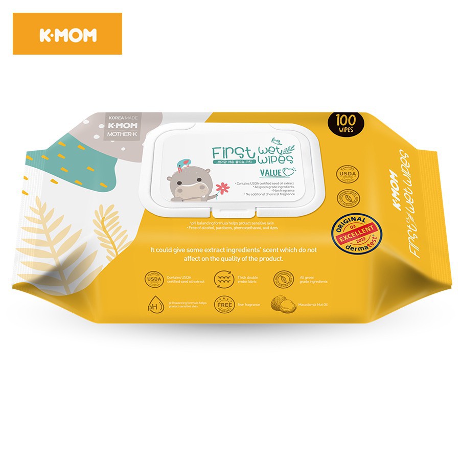 [Chính Hãng] Khăn ướt cao cấp K-Mom Hàn Quốc First Wet Wipes vân nổi (100c) – Khăn giấy ướt Kmom không mùi