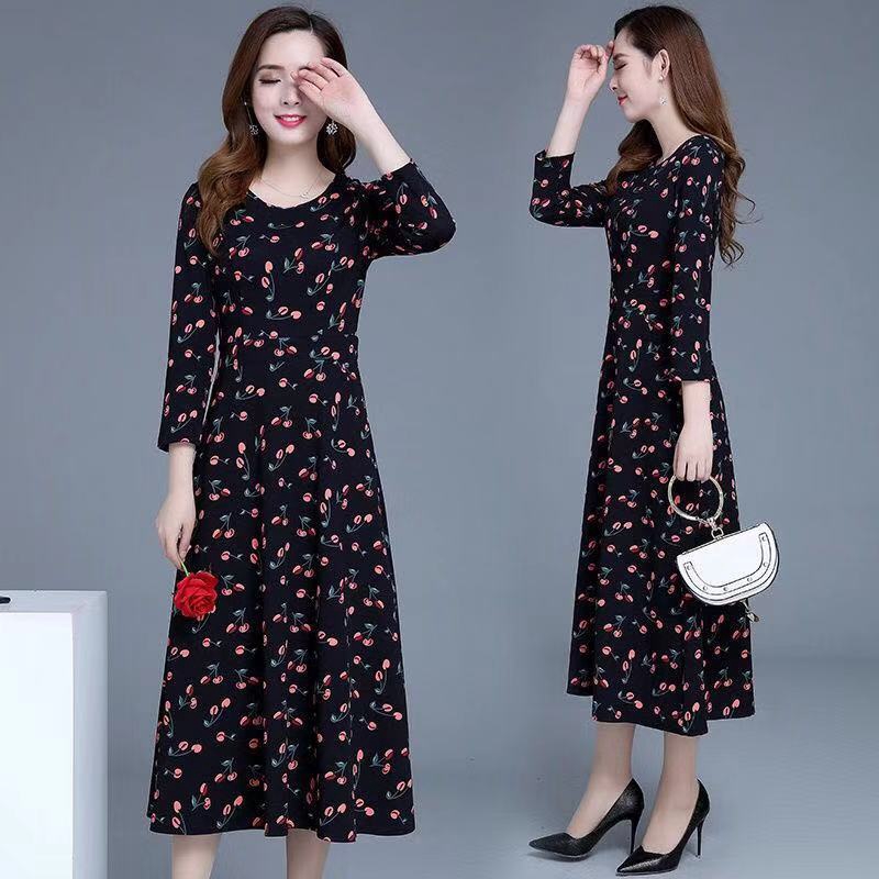 Đầm Maxi tay dài hoạ tiết hoa thiết kế dáng rộng phong cách Hàn Quốc