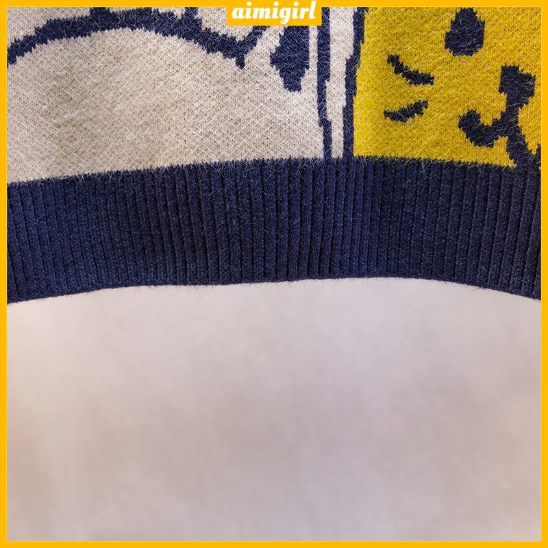 Mới Áo Sweater Dệt Kim Sát Nách Cổ Chữ V Dáng Rộng In Hoạt Hình Mèo Thời Trang Cho Nữ