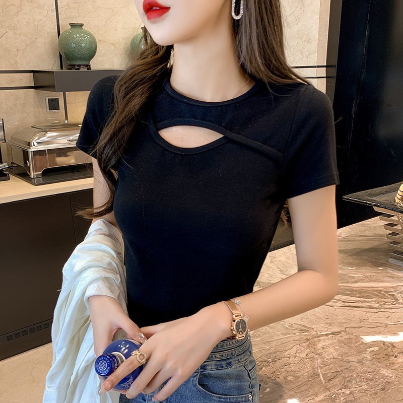 Áo Thun cotton / Áo Thun Tay Ngắn Dáng Ôm Co Giãn Phong Cách Mới Cho Nữ