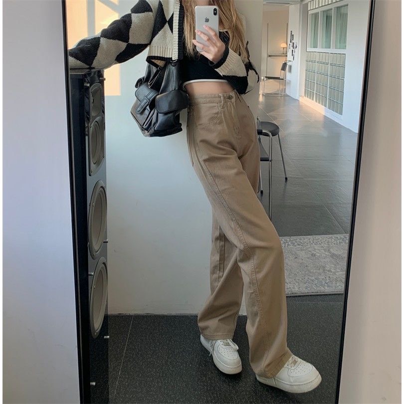 Quần jean nữ màu nâu sữa lưng cạp cao ống suông dài phom rộng chất đẹp loại 1 phong cách Ulzzang đi học đi làm đi chơi | BigBuy360 - bigbuy360.vn
