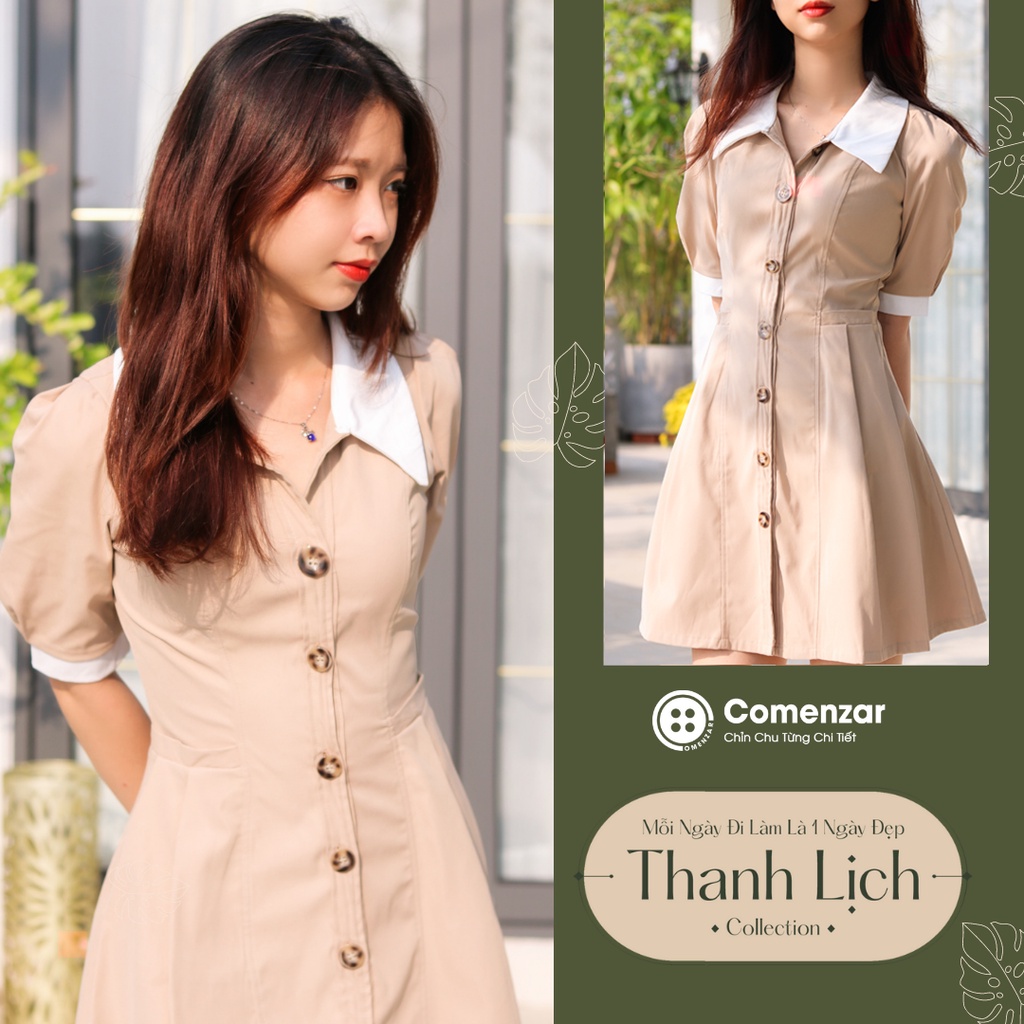Đầm Kaki Nude Phối Cổ Sơ Mi [Thanh Lịch]
