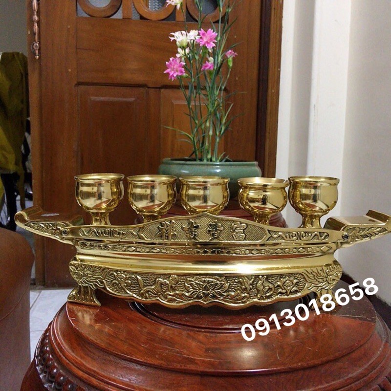 Bộ khay nước đồng thờ cúng 5ly bộ chung nước đồng thờ cúng ly trơn