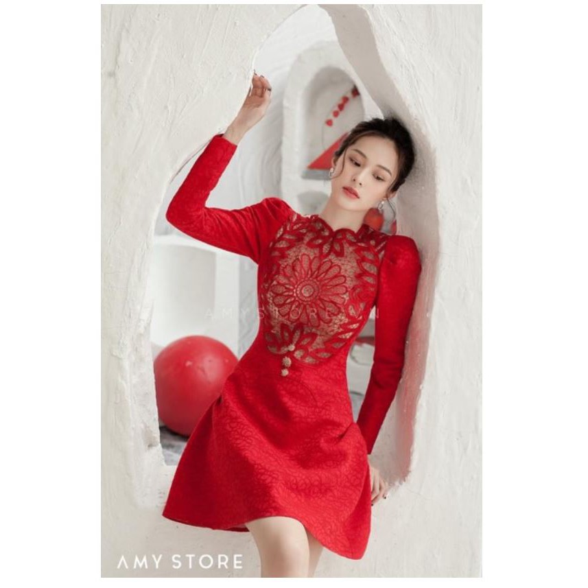 Đầm gấm phối ren hoa amy