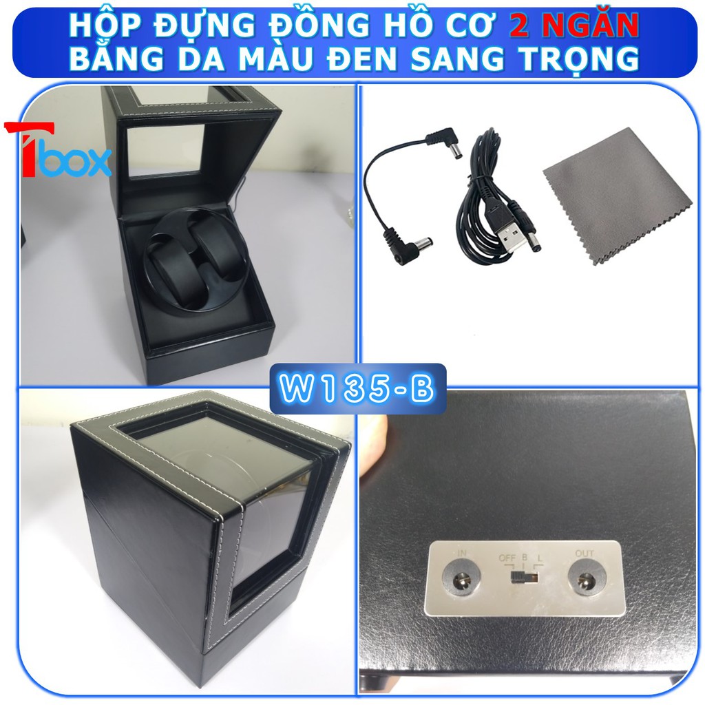 Hộp đựng Đồng hồ cơ 2 xoay Hộp xoay Đồng hồ cơ xoay 4 chế độ cao cấp Hộp lắc Đồng hồ cơ bằng gỗ màu đen piano sang trọng