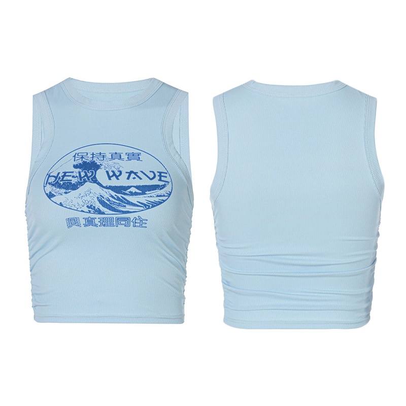 Brroa Áo Crop Top Dệt Kim Không Tay Dáng Ôm In Nhân Vật Hoạt Hình Trung Hoa Có Gân Cho Nữ Aesth