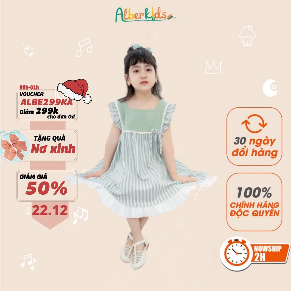 Váy cho bé gái ALBER KIDS Kẻ Sọc Trắng Xanh Green Dress cho bé gái Từ 2-10 tuổi [V13]