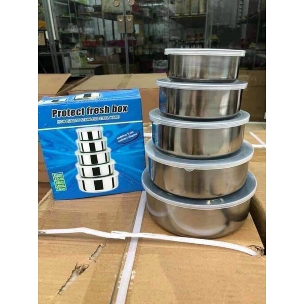 Set 5 hộp inox nhiều kích thước có nắp kiểu dáng đẹp, dễ chùi rửa