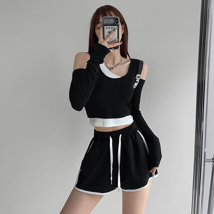 Áo Kiểu Tay Dài Hở Vai Giả Hai Lớp Màu Sắc Tương Phản Thời Trang Dành Cho Nữ