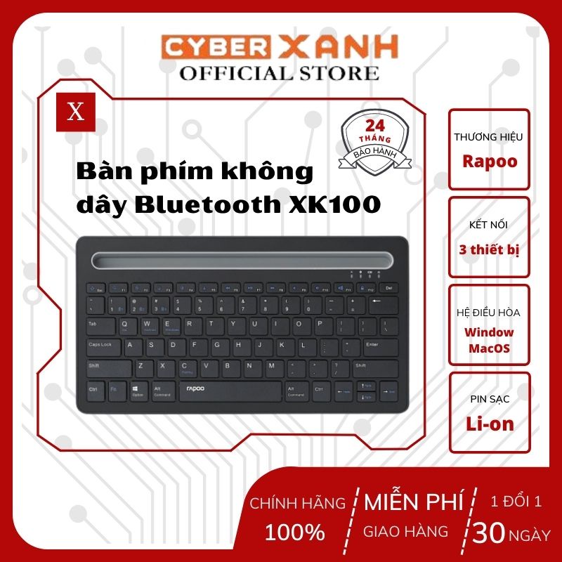 Bàn phím không dây Bluetooth kết nối đa thiết bị Rapoo XK100 - Cam kết bảo hành đổi mới trong 2 năm