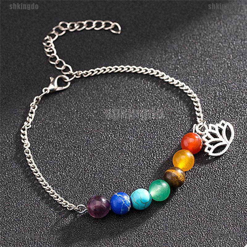 Vòng tay kim loại kết 7 hạt luân xa độc đáo