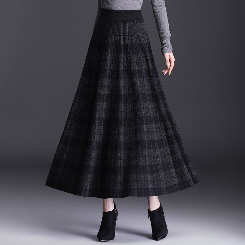 Chân Váy Chữ A Dệt kim Chân Váy Len Dài Dáng Chữ a Lưng Cao Xếp Ly Sọc Ca Rô Thời Trang Thu Đông Cho Nữ
