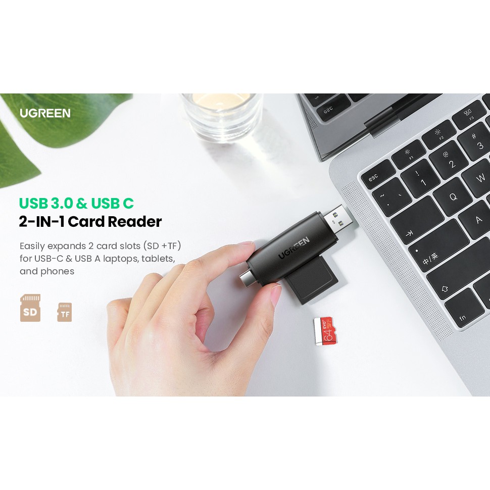 Đầu đọc thẻ nhớ SD/TF 2 trong 1 UGREEN 80191 USB-A &amp; Type-C ​- Hàng chính hãng