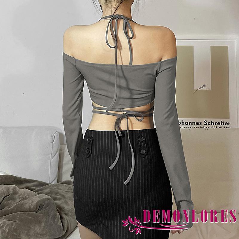 DEMQ-Women Solid Color Halter Neck Off Shoulder Long Sleeve Bandage Korean Style Crop Tops