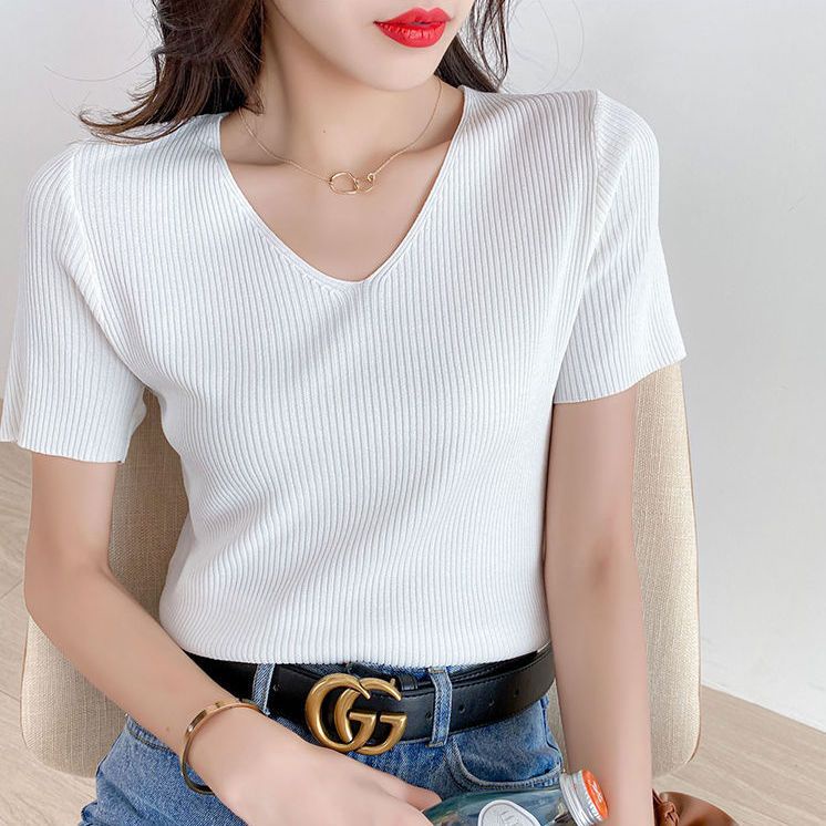 Áo Thun Lụa Dệt Kim Mỏng Tay Ngắn Cổ Chữ v Dáng Rộng Thời Trang Mùa Hè Kiểu Mới Cho Nữ