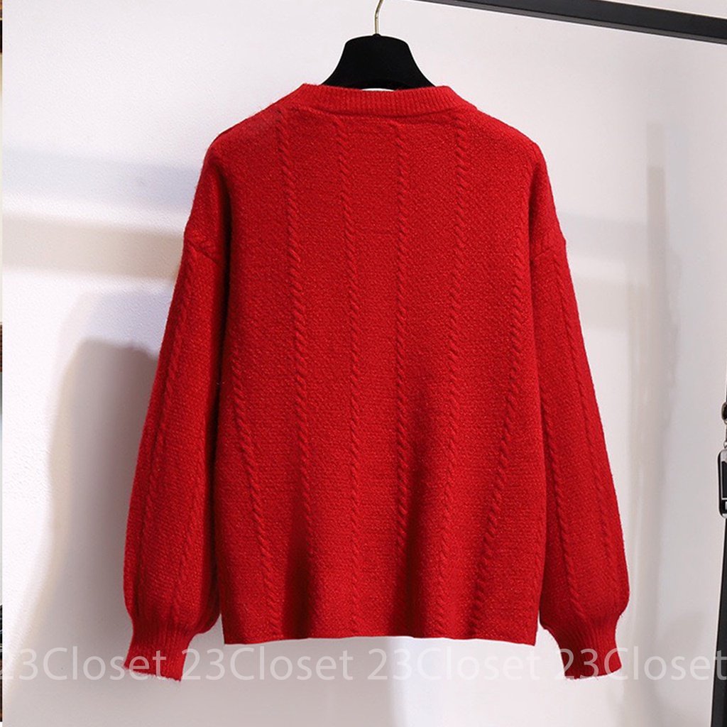 Áo len cổ 3 phân nữ 23Closet áo len cổ tròn tay dài thắt nơ  kiểu Hàn Quốc chất len thừng dệt kim màu đỏ trắng đen hồng