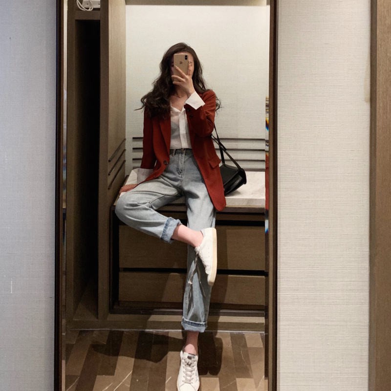 Ảnh thật 5 hình cuối-Áo blazer đỏ phiên bản Hàn Quốc chanh xả