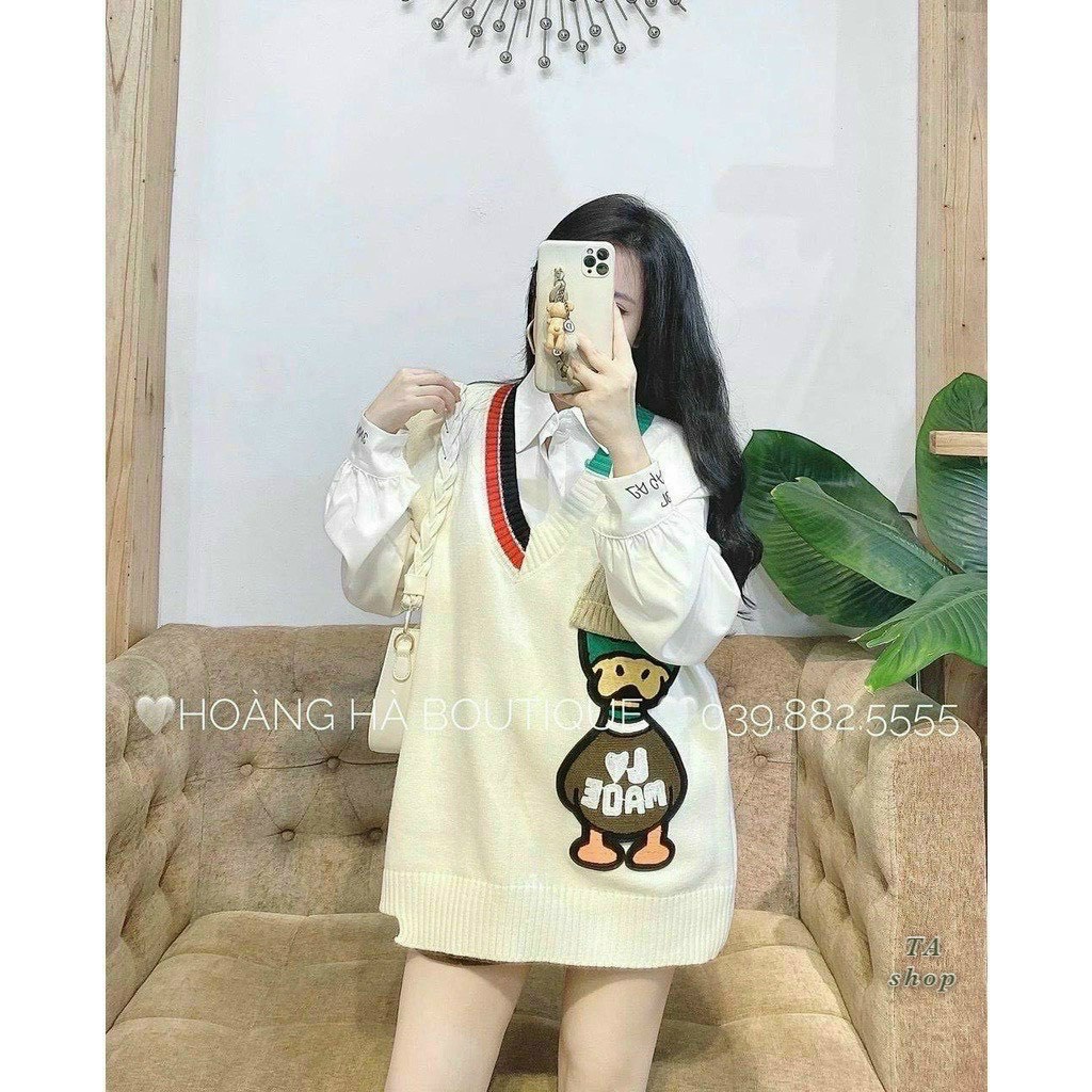 áo ghile cổ tim thêu vịt nổi thu dông trẻ trung, form dáng rộng dễ phối đồ MINXY SHOP