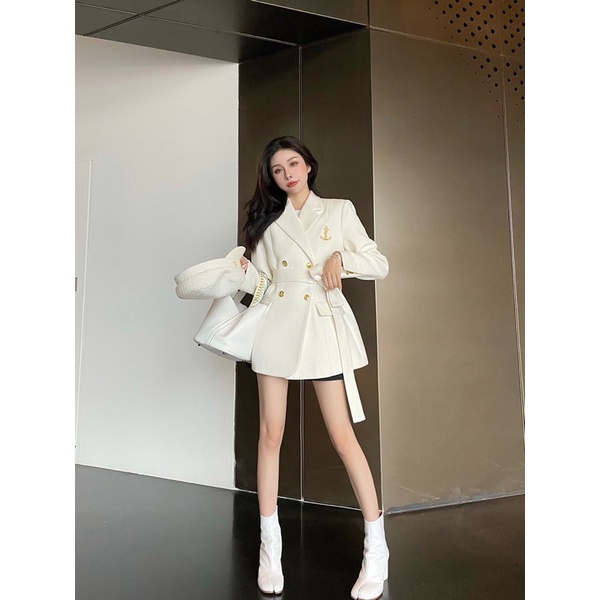 Áo khoác vest nữ hai hàng khuy có đai thắt eo thương hiệu thời trang cao cấp YSL