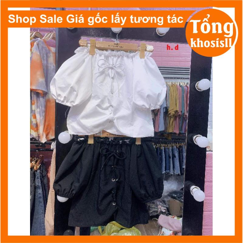 [ẢNH THẬT] áo croptop nữ tay bồng có dây nơ ,trễ vai oze