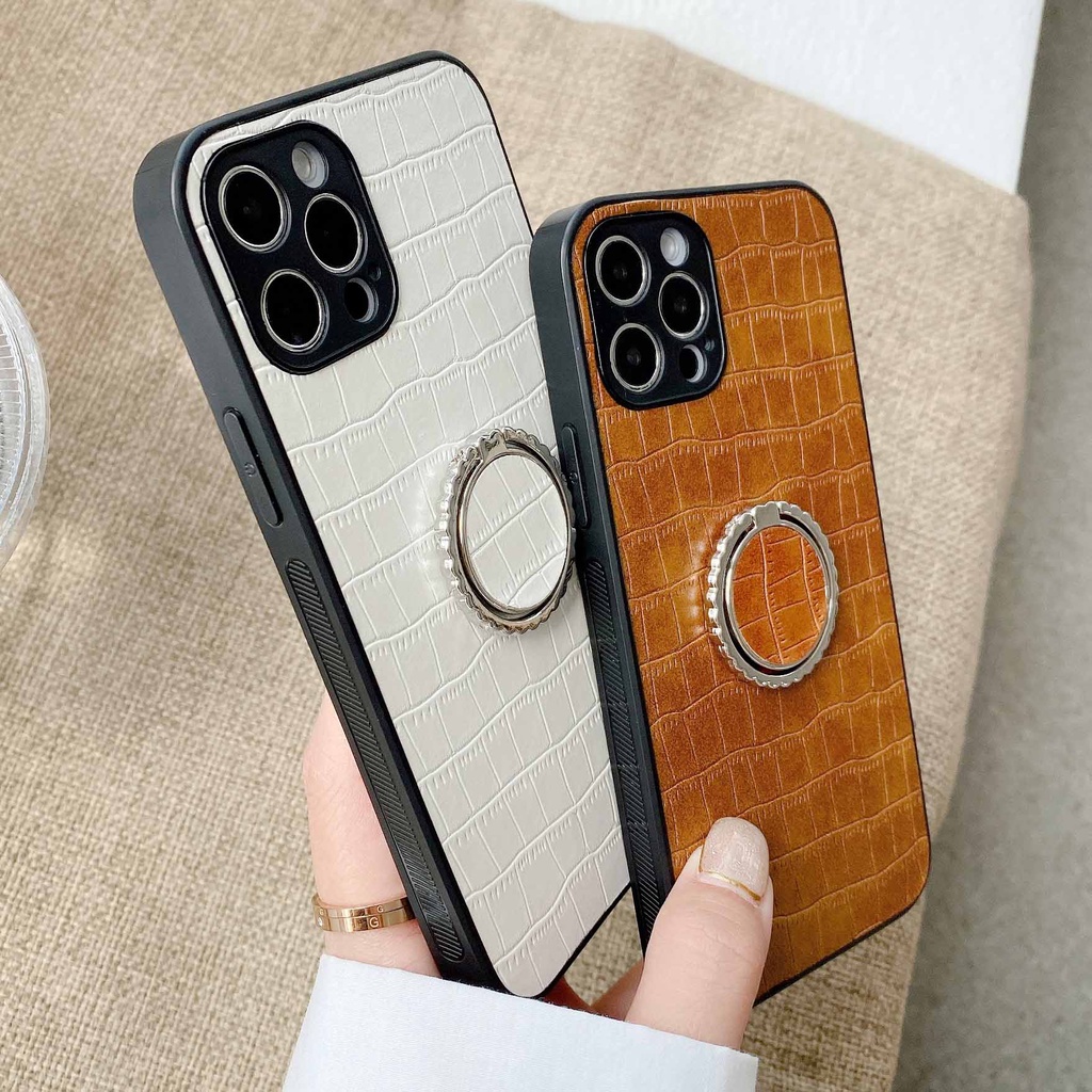 Ốp Điện Thoại Vân Da Cá Sấu Màu Xanh Lá / Đen Gắn Nhẫn Đỡ Cho iPhone 13promax 12 11 xsmax xr xs 7P