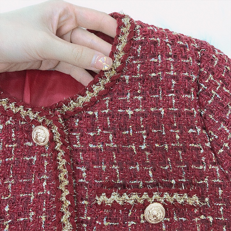 Set dạ tweed màu đỏ mận cúc đồng phong cách sang chảnh thu đông 2021_ hàng ORDER | BigBuy360 - bigbuy360.vn