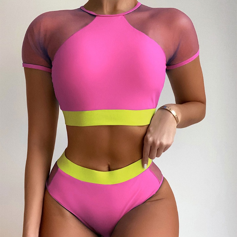 Bộ Bikini 2 Mảnh Áo Croptop Tay Ngắn Phối Quần Lọt Khe Eo Cao Phối Lưới Màu Sắc Tương Phản Quyến Rũ Cho Nữ