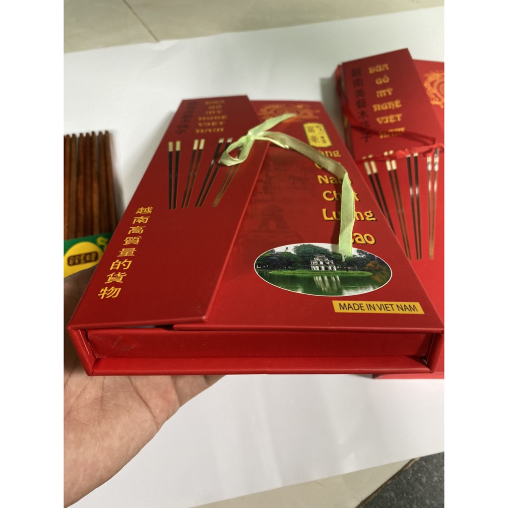 Bộ 10 Đôi Đũa ăn gỗ Cẩm lai tự nhiên cao cấp đầu gắn Ôcs biển -Sừng Trâu