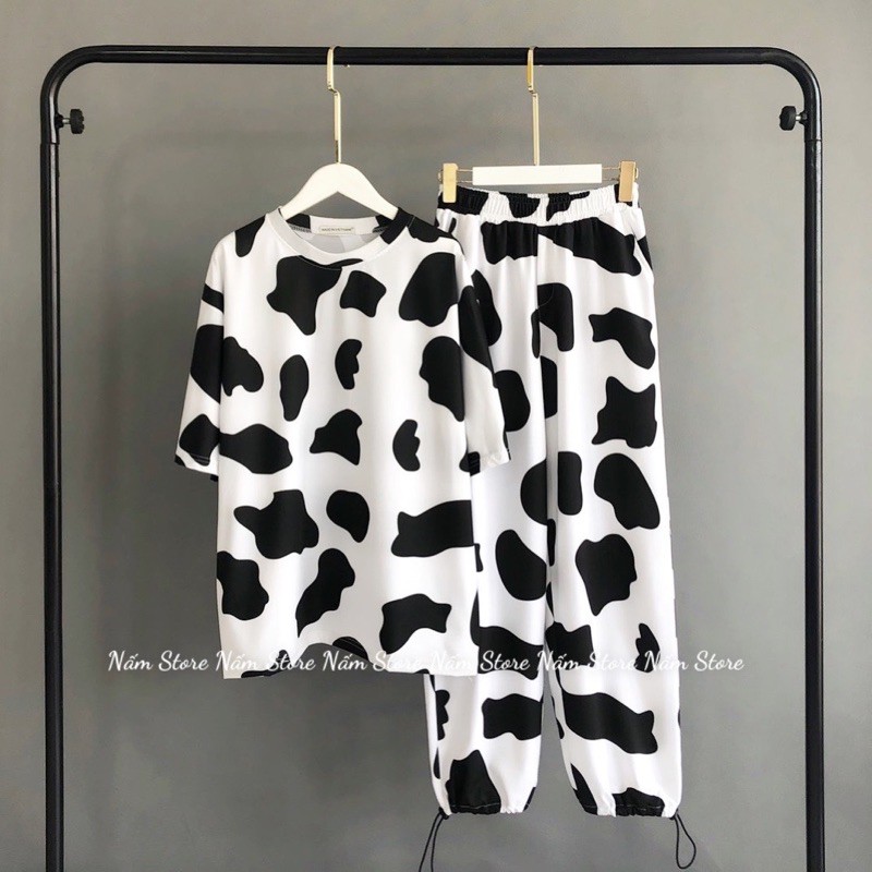 Set bò sữa đen, hồng gồm Áo thun bò sữa form rộng + Quần dài bò sữa 1 line ống rộng dây rút (Ảnh thật) | BigBuy360 - bigbuy360.vn