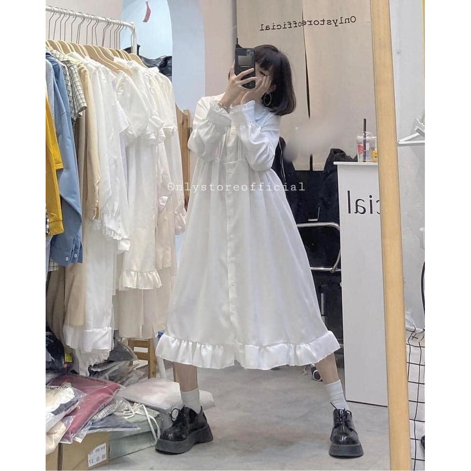 Váy babydoll cổ bèo nữ dài tay ulzzang 2 màu đen/trắng cực xinh xưởng sỉ nguyễn hoa