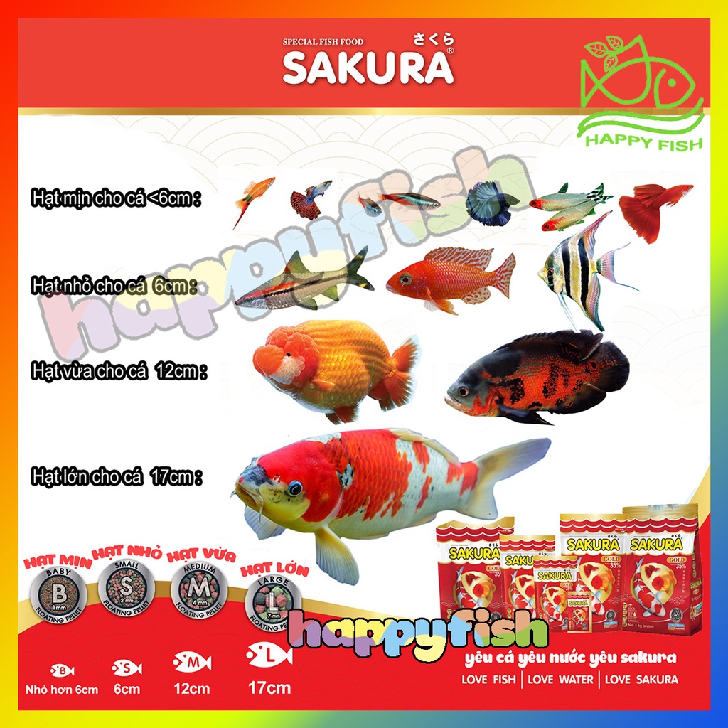 Thức ăn cá Sakura Gold - Cám cá Sakura Gold Túi 500gr 100gr, Size hạt M S B