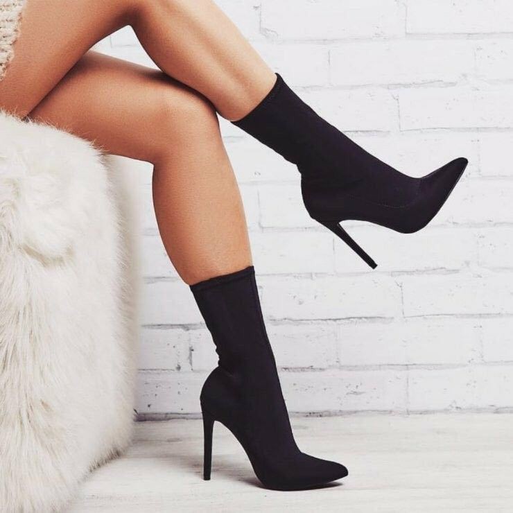 BLACK AND NUDE SOCK HIGH HEELS BOOTS