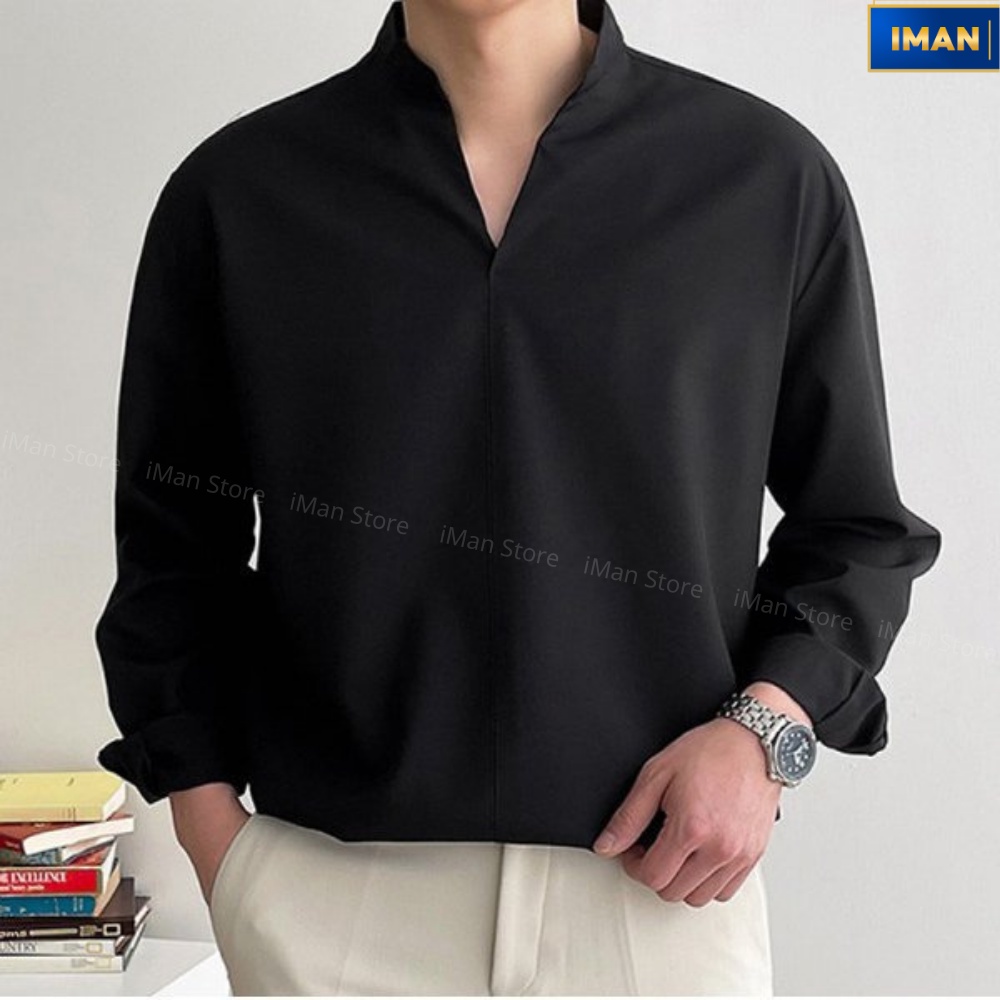 Sơ Mi Nam Cổ Tàu - Cổ Chữ V Hàn Quốc form Rộng Unisex, Áo Sơ Mi Nam Nữ Dài Tay iManlux