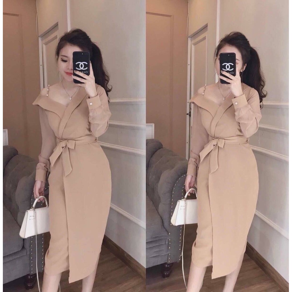 Đầm body tay lưới lệch vai thắt eo + Ảnh thật | BigBuy360 - bigbuy360.vn