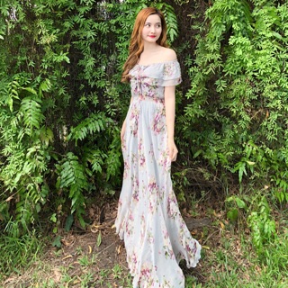 Maxi bông trễ vai bèo tầng nhún trước