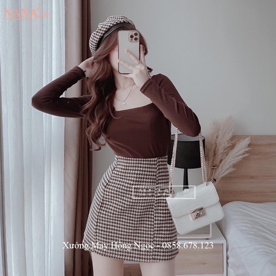 Chân váy chữ A lưng cao kẻ caro sọc đen trắng nhỏ dáng chân váy caro có quần lót trong vải dạ mặc công sở tiệc hẹn hò