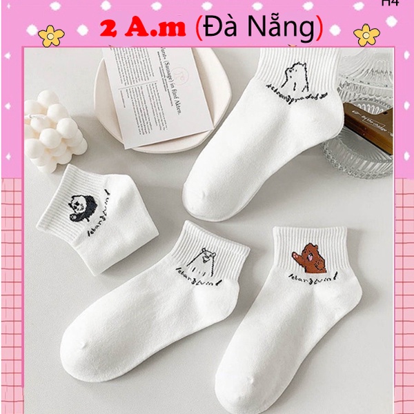 Tất Vớ Cổ Ngắn Nữ Tone Trắng Họa Tiết Gấu Thời Trang Unisex Hàn Quốc Xinh Vải Cotton
