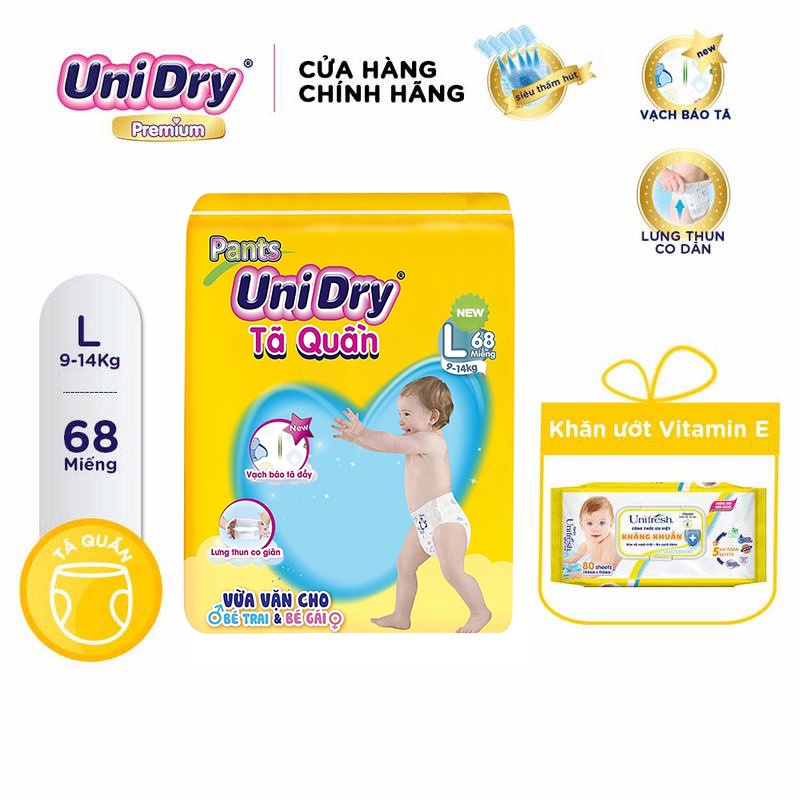 (Tặng 1 khăn ướt Vitamin E) Tã quần UniDry gói Super Jumbo M74/L68/XL62/XXL56