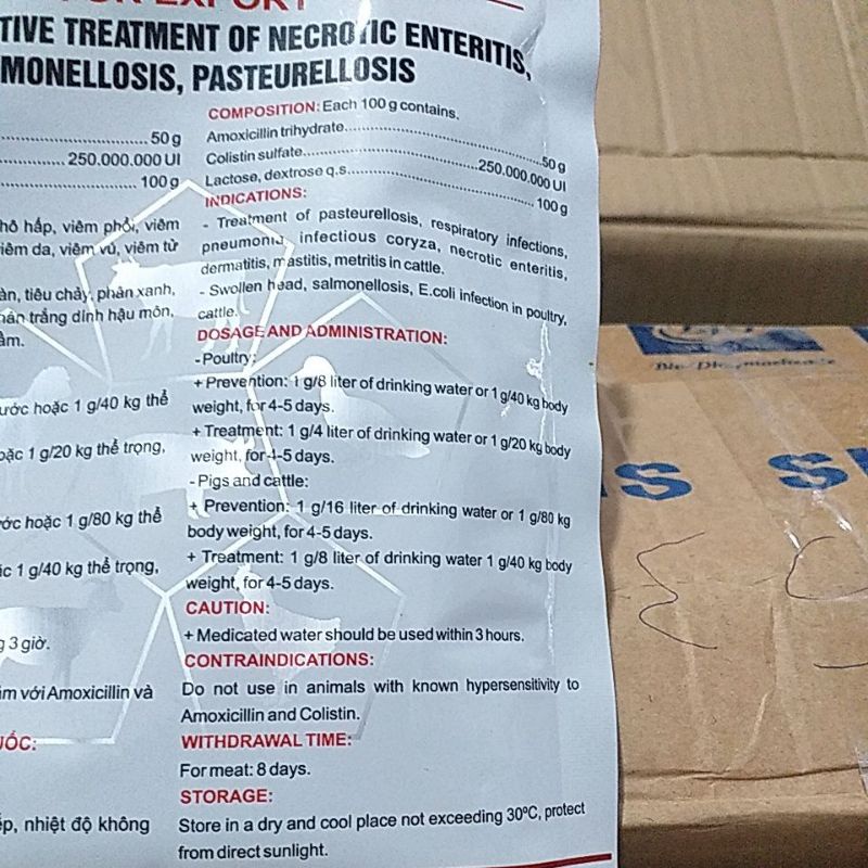 Amox colistin 50% amoxicos cho thú y lợn gà vịt chim thỏ dê đi ỉa v.iêm buồng tr.ứng phân xanh trắng, viêm ph.ổi, export