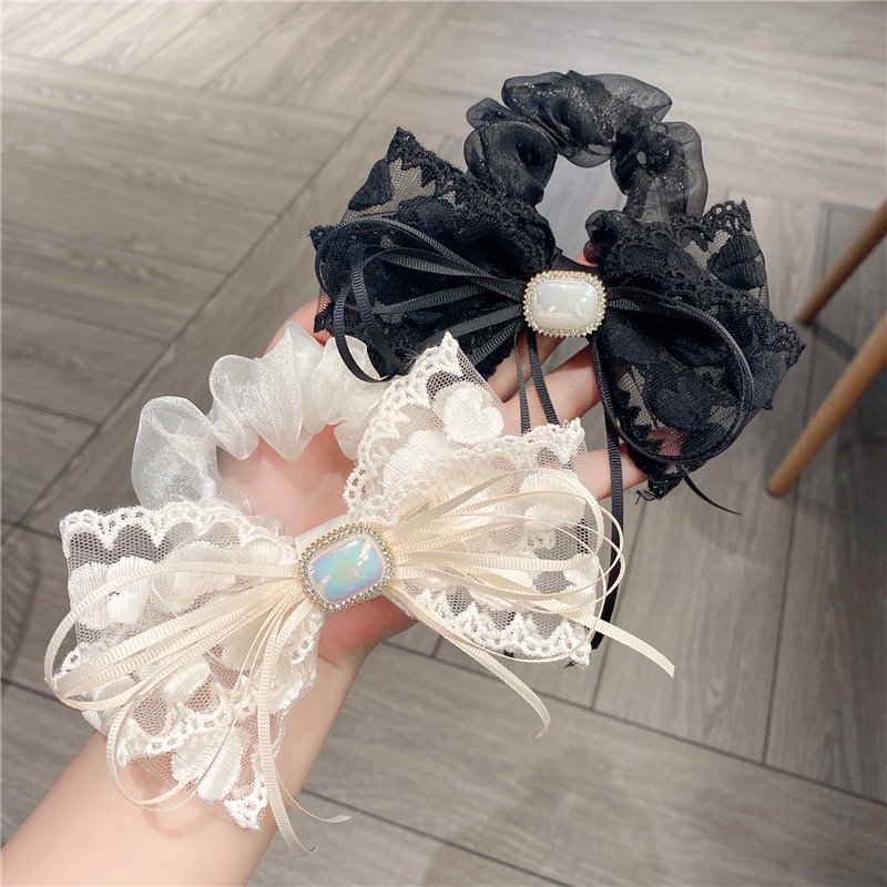 Băng Đô Cài Tóc Hình Nơ Phối Ren Đính Ngọc Trai Nhân Tạo Phong Cách Hàn Quốc Cho Nữ