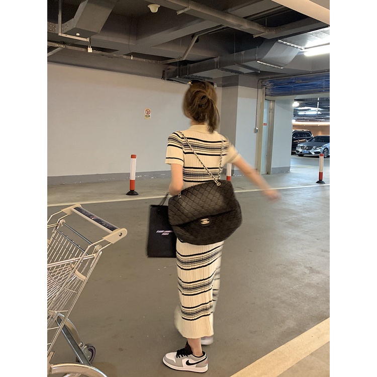 Đầm Dệt Kim Cổ Polo Tay Ngắn Họa Tiết Kẻ Sọc Phong Cách Hàn Quốc Thời Trang Mùa Hè Dành Cho Nữ 2022