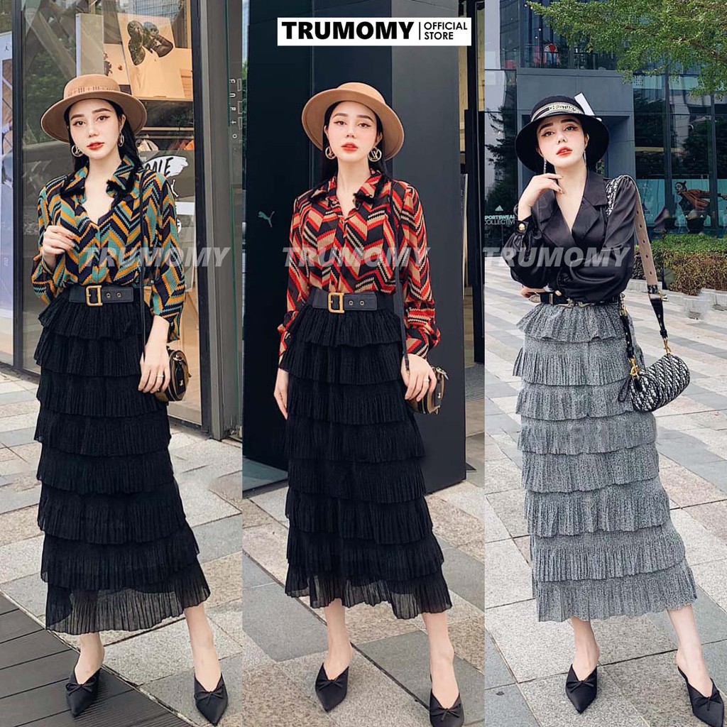Chân váy 8 tầng nhũ dài midi có dập ly nhỏ Quảng Châu 2 lớp, cạp cao, lưng thun- Trumomy