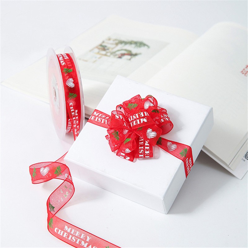 Cuộn Dây Ruy Băng Vải Gạc Rộng 1.5cm 10m In Họa Tiết Giáng Sinh Trang Trí Gói Quà