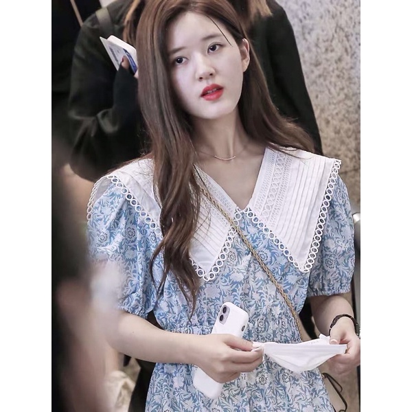 Váy hoa nhí babydoll màu xanh Triệu Lộ Tư phong cách Pháp