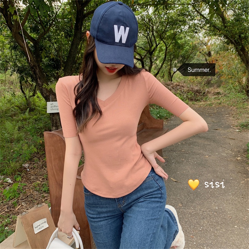 SUXI Áo Thun Tay Ngắn Cổ Chữ V Màu Sắc Đơn Giản Thời Trang Mùa Hè Dành Cho Nữ