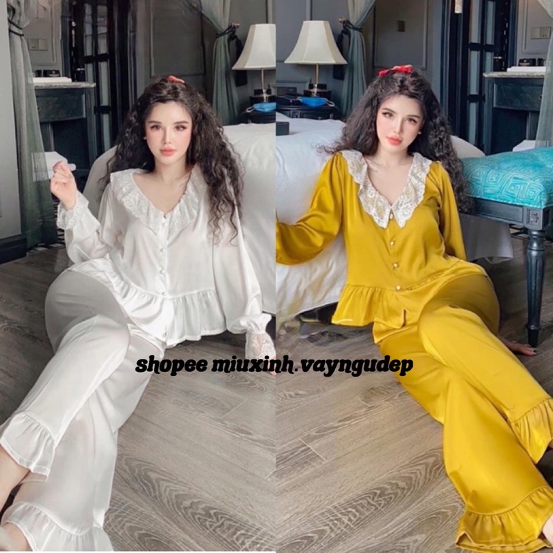 FREESHIP - Bộ Pijama lụa dài mặc nhà, Bộ ngủ lụa Quảng Châu cao cấp dành cho nữ