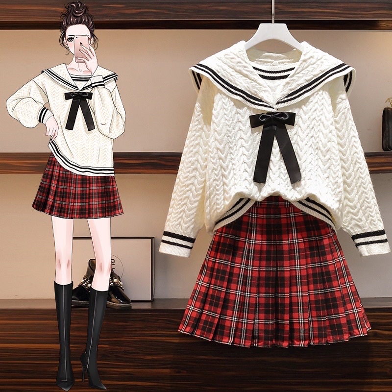 🌸Hàng Order🌸 Váy Đầm Bigsize Sét Áo Len Thủy Thủ Kết Hợp CHân Váy Xếp Ly Kẻ Trẻ Trung Dễ Thương🌸Hàng Quảng Châu