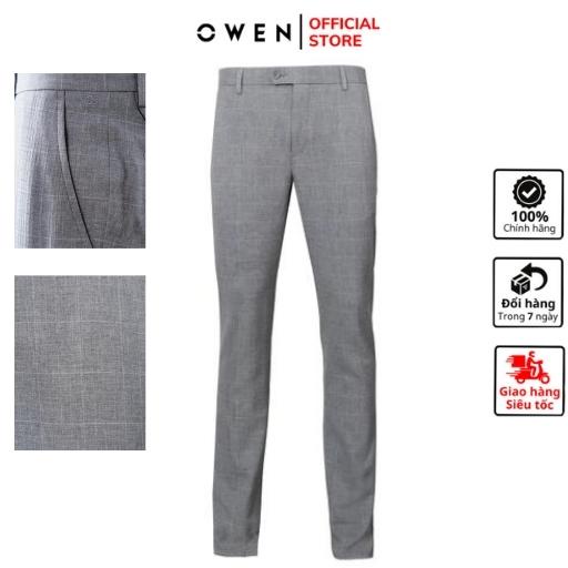 Quần âu tây nam công sở cao cấp OWEN QS23496 Dáng Slim Fit  Kẻ Chìm Nâu Nhạt vải Vải Nano Nhẹ Mát mềm mát đứng dáng